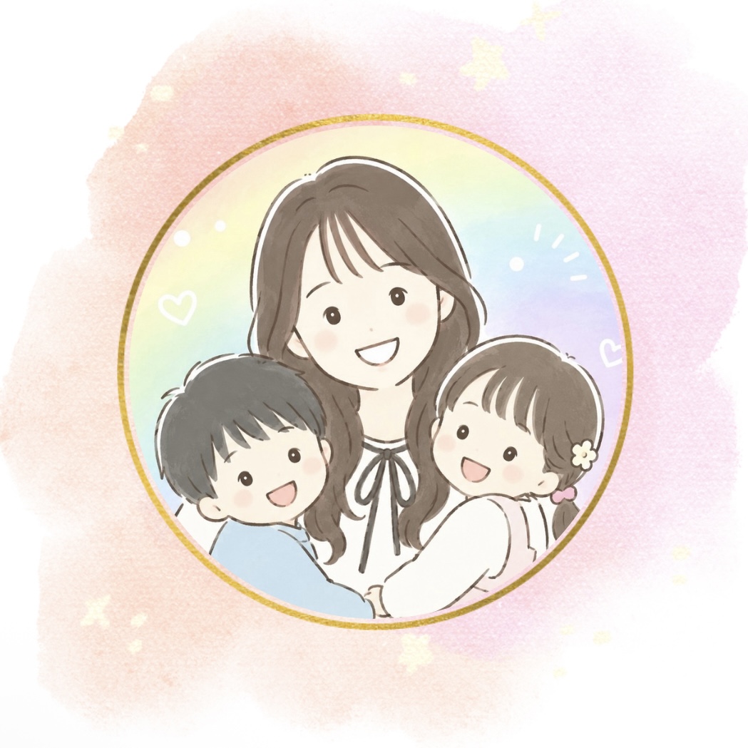 いろは先生と。2人の子どもに囲まれた似顔絵